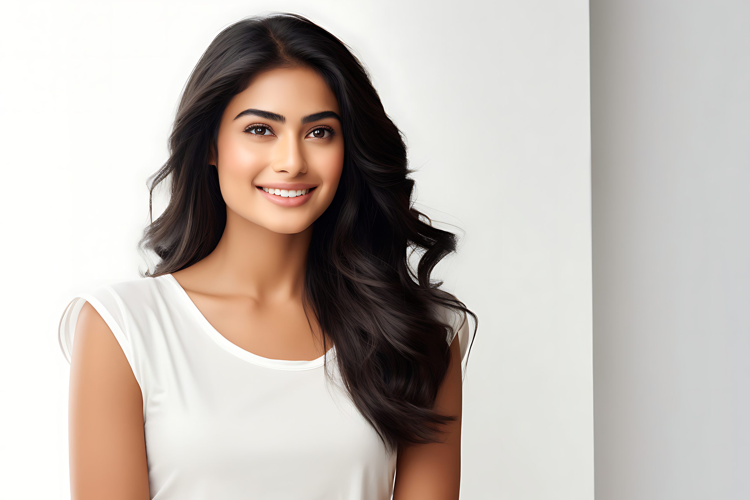 Woman with healthy skin and thick hair after PCOS care