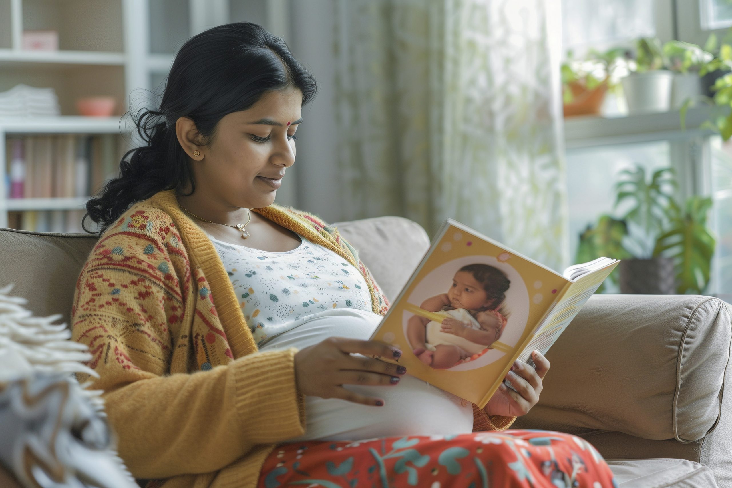 Pregnant woman reading a book on the sofa about PCOS self-care