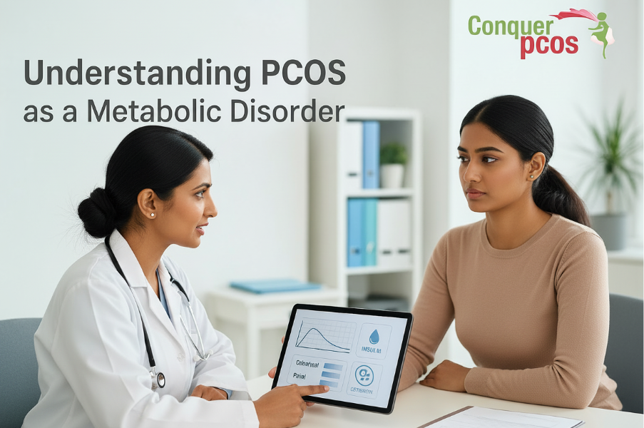 Doctor explaining PCOS as a metabolic disorder to a woman during consultation