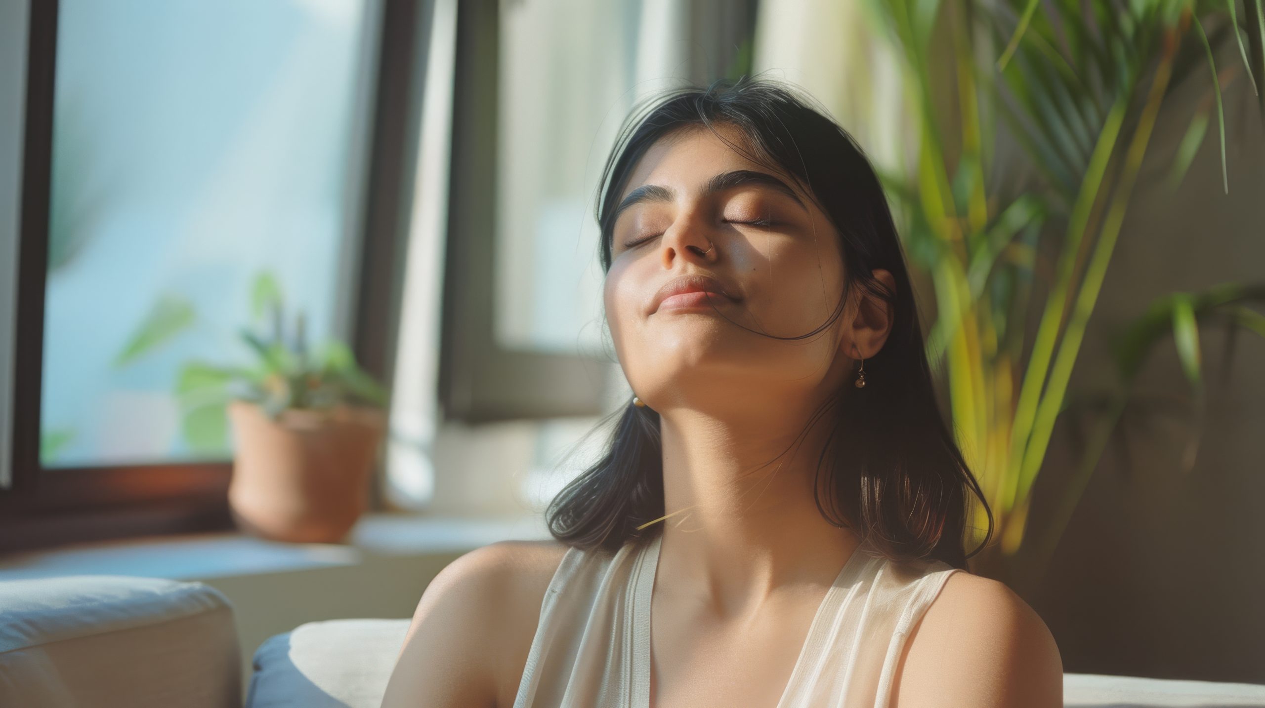 Woman enjoying sunlight and practicing calm self-care indoors
