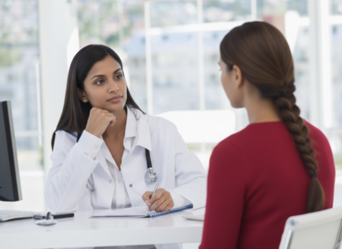 Indian female doctor discussing PCOS diagnosis, lab tests, and ultrasound criteria with a patient.