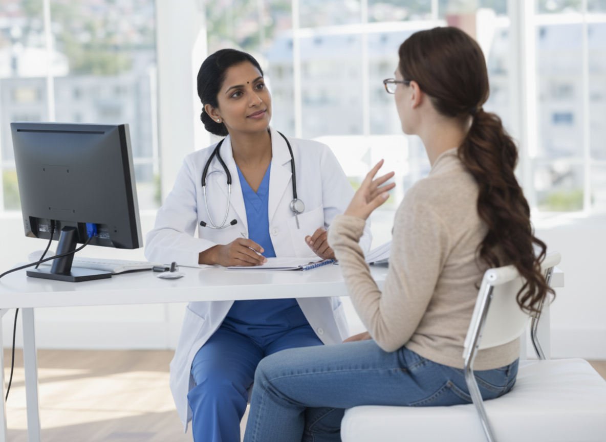 Indian Doctor Explaining PCOS Diagnosis to Patient in Clinic Indian female doctor discussing PCOS diagnosis and lab tests with a young Indian patient.