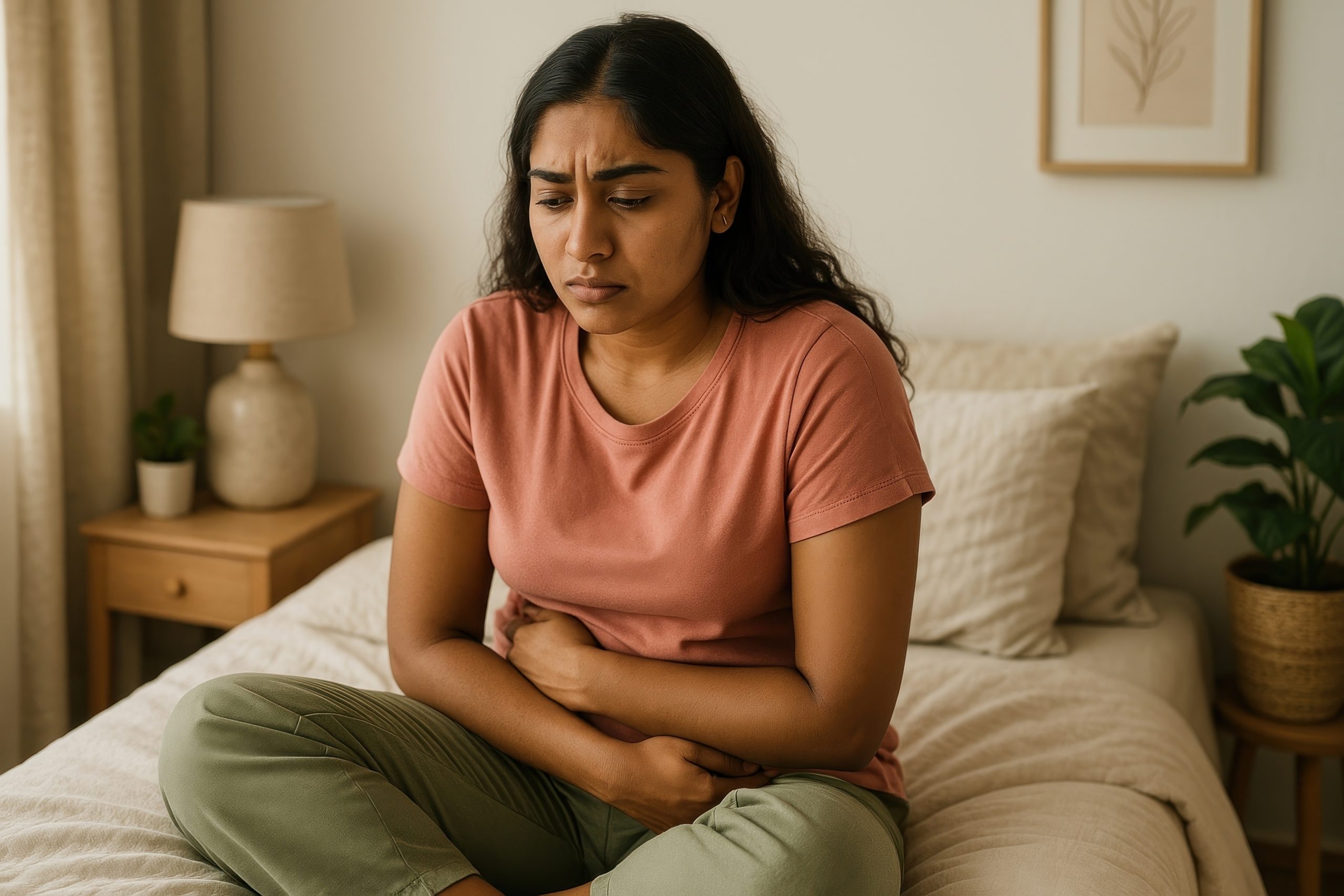 Indian woman holding her abdomen with pain, a common PCOS symptom linked to irregular periods and cramps.