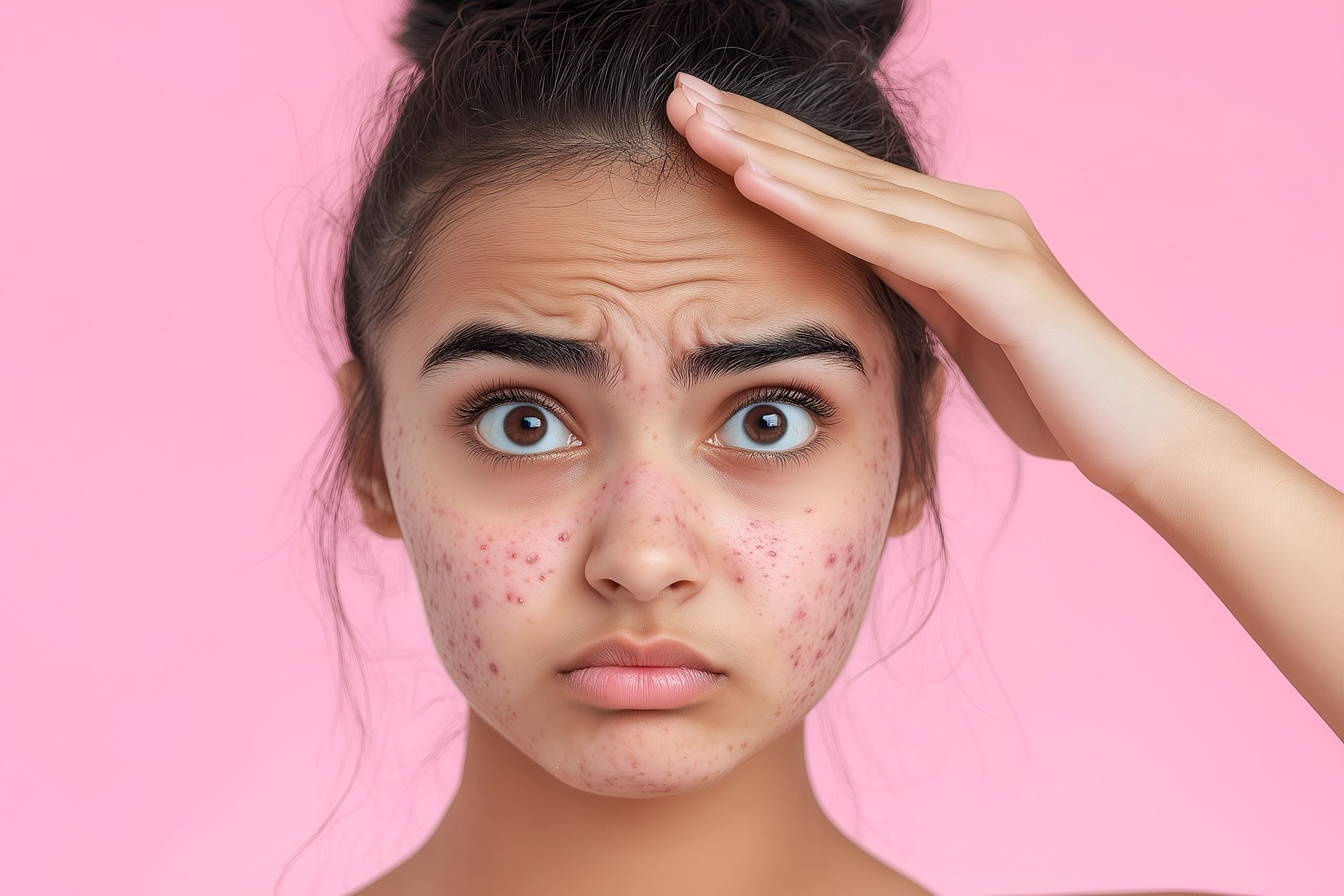 Young Indian woman with acne and skin breakouts, a common symptom of PCOS and hormonal imbalance.