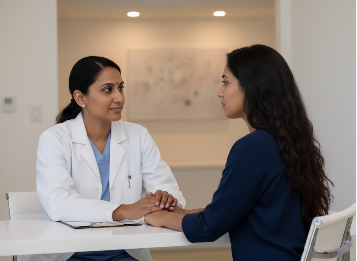 PCOS Diagnosis and Lab Test Consultation with Indian Doctor Indian doctor discussing PCOS diagnosis, lab tests, and ultrasound criteria with a patient.