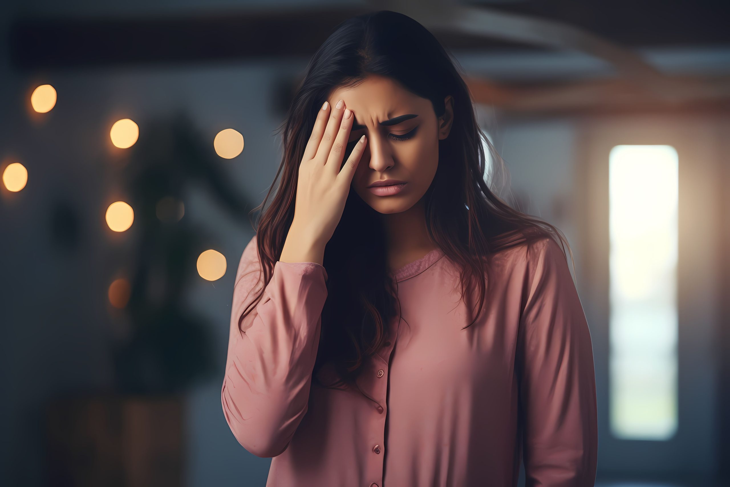 Indian woman holding her forehead in pain, showing PCOS symptoms like stress, fatigue, and hormonal headaches.