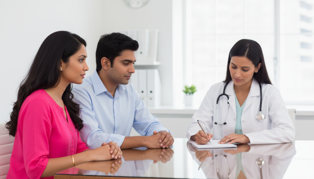 Indian Couple PCOS Fertility Consultation With Doctor Indian couple meets a doctor for PCOS diagnosis, lab tests, and fertility guidance during a clinic consultation.