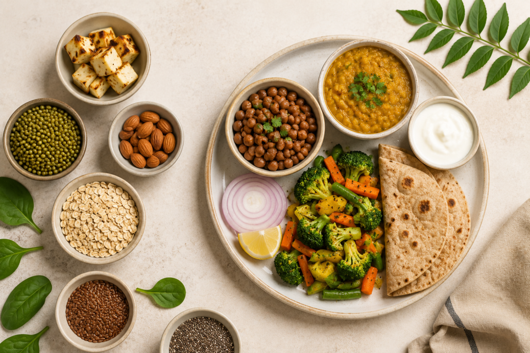 Indian balanced meal with dal, roti, vegetables, curd, nuts, and seeds showing protein and fiber rich foods for PCOS