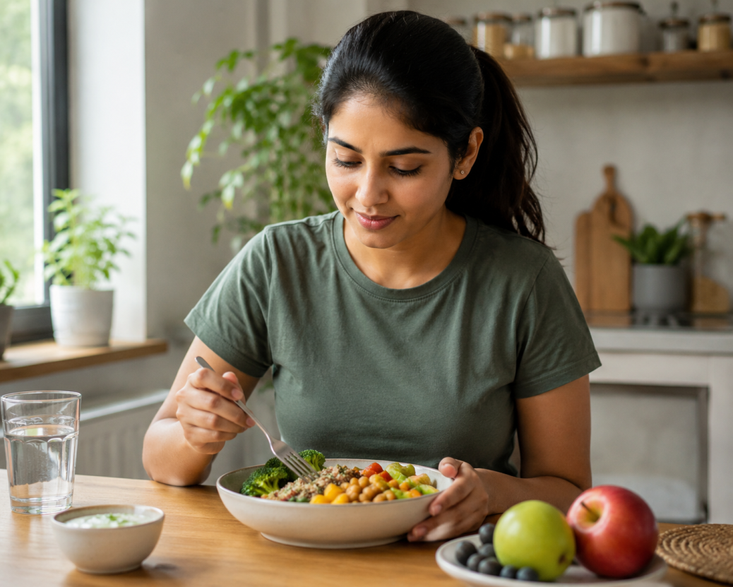 Indian woman eating healthy meal for low GI diet for PCOS and keto diet for PCOS weight loss