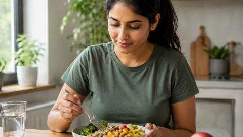 Indian woman eating healthy meal for low GI diet for PCOS and keto diet for PCOS weight loss