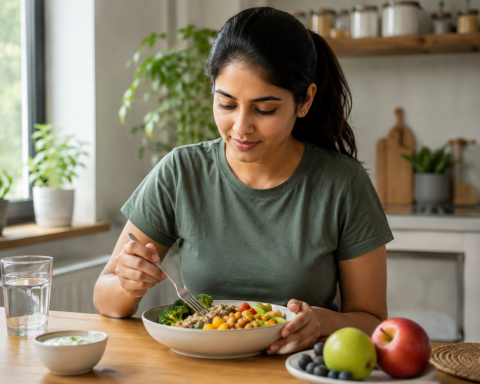 Indian woman eating healthy meal for low GI diet for PCOS and keto diet for PCOS weight loss
