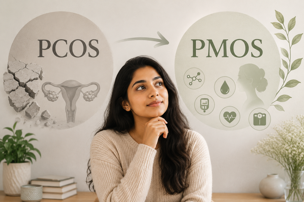 Indian woman with PCOS to PMOS concept illustration showing hormonal and metabolic health transition