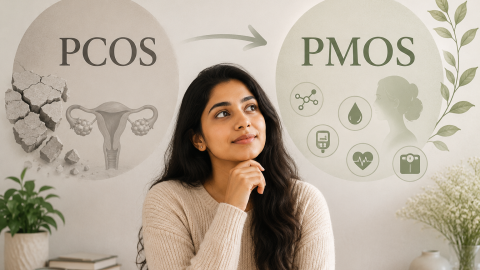 Indian woman with PCOS to PMOS concept illustration showing hormonal and metabolic health transition