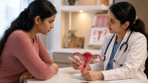 Indian woman consulting a female doctor about PMOS hormonal health in a modern clinic setting