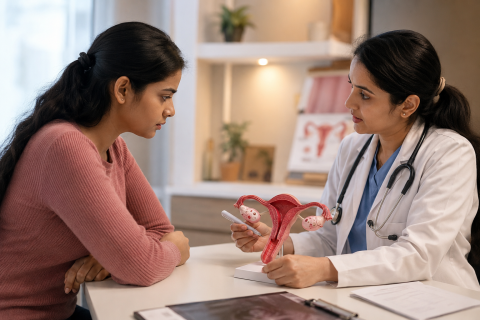 Indian woman consulting a female doctor about PMOS hormonal health in a modern clinic setting