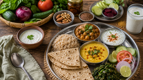 Realistic Indian anti-inflammatory meal featuring bajra roti, brown rice, dal, palak sabzi, chana curry, homemade curd, salad, nuts, flaxseeds, and buttermilk for a PCOS-friendly diet that supports hormonal balance and reduces inflammation.