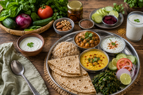 Realistic Indian anti-inflammatory meal featuring bajra roti, brown rice, dal, palak sabzi, chana curry, homemade curd, salad, nuts, flaxseeds, and buttermilk for a PCOS-friendly diet that supports hormonal balance and reduces inflammation.