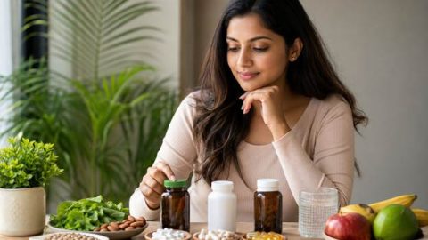 Indian woman reviewing Vitamin D, Magnesium and Zinc supplements for PCOS management at home