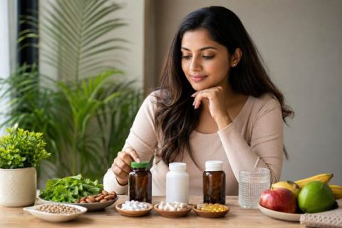 Indian woman reviewing Vitamin D, Magnesium and Zinc supplements for PCOS management at home